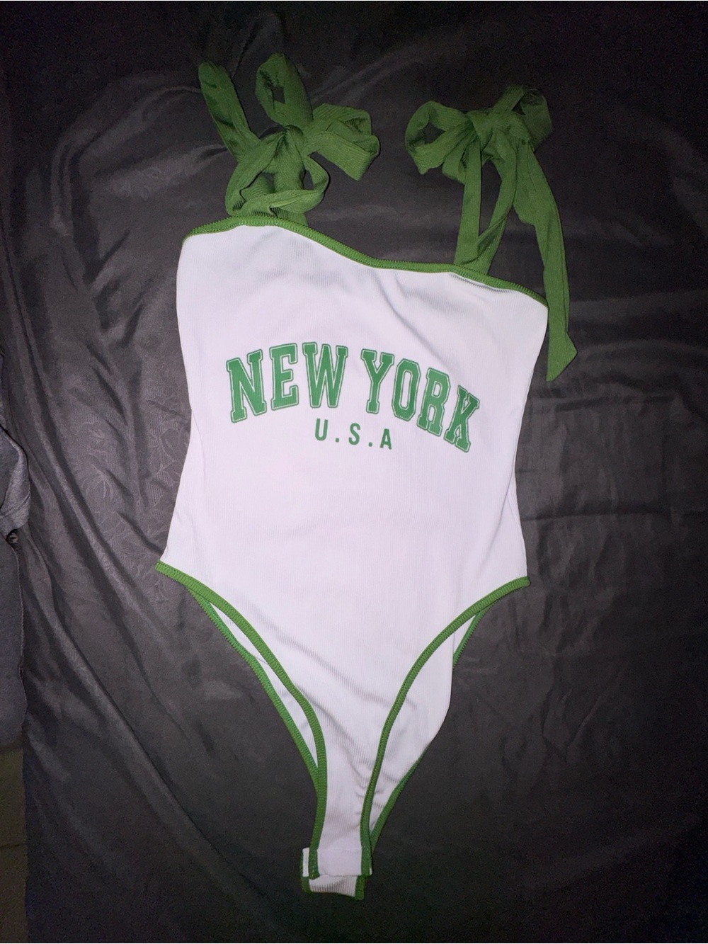 SHEIN White & Green "NEW YORK U.S.A." One Piece bodysuit